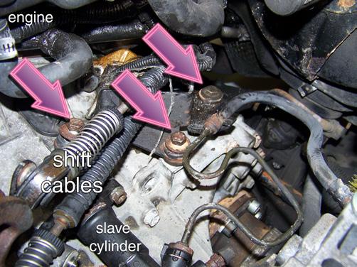 Start by removing the three bolts holding the shift cable bracket to the transaxle (arrows). (Slave cylinder and engine labeled for reference.
