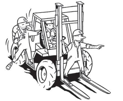 Do not let people ride on the forks (fig. 1). Do not let people stand or walk under raised forks, loaded or unloaded (fig. 2). Give way to the right to pedestrians found in your path.