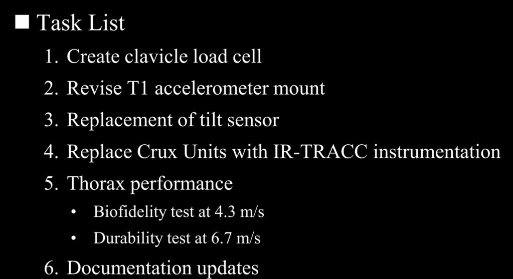 Thorax Task Review Task List 1. Create clavicle load cell 2. Revise T1 accelerometer mount 3. Replacement of tilt sensor 4.
