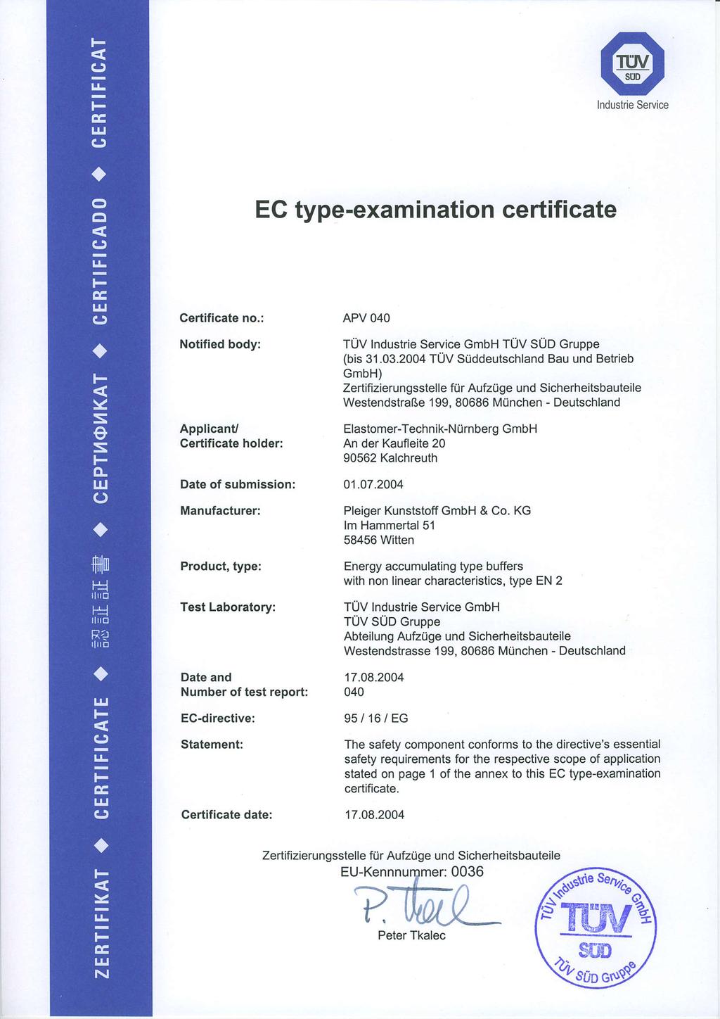 @ lndustrie Service EG type-examination certificate Certificate no.
