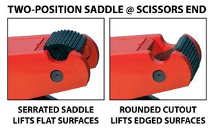 375" Serrated saddle which handles flat surfaces can be rotated out of the way so edged surfaces can be raised in the rounded lift arm cutout.