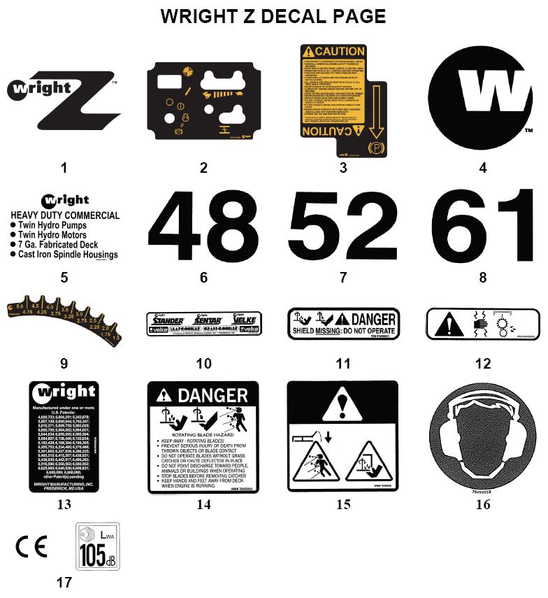 18 REF # DESCRIPTION PART # REF # DESCRIPTION PART # 1 WRIGHT Z MOWER DECAL 76490066 10 WRIGHT PRODUCTS 76410001 2 DASH DECAL 76490065 11 SHEILD
