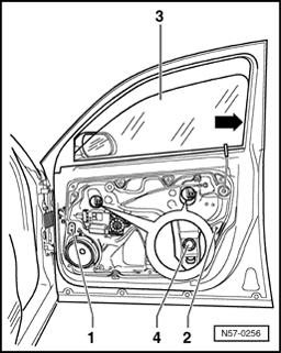 57-22 - Install assembly carrier in door. - Install all bolts. Tighten bolts marked -1- and -2- in prescribed sequence. Tightening torque: 8 Nm (70 in. lb).
