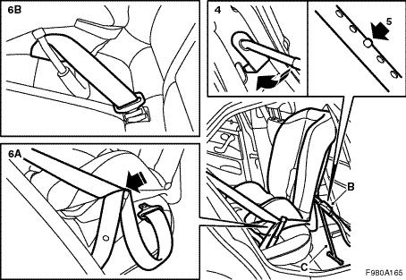8 12 798 998 4 Fit the support (C) to the child seat by inserting the support's upper pipe end in the hole on the back of the child seat backrest and pressing the support down so that its snap locks