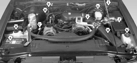 Engine Compartment Overview When you open the hood, you will see the following: A. Battery B. Coolant Recovery Tank C. Engine Oil Dipstick D. Engine Oil Fill 6-10 E.
