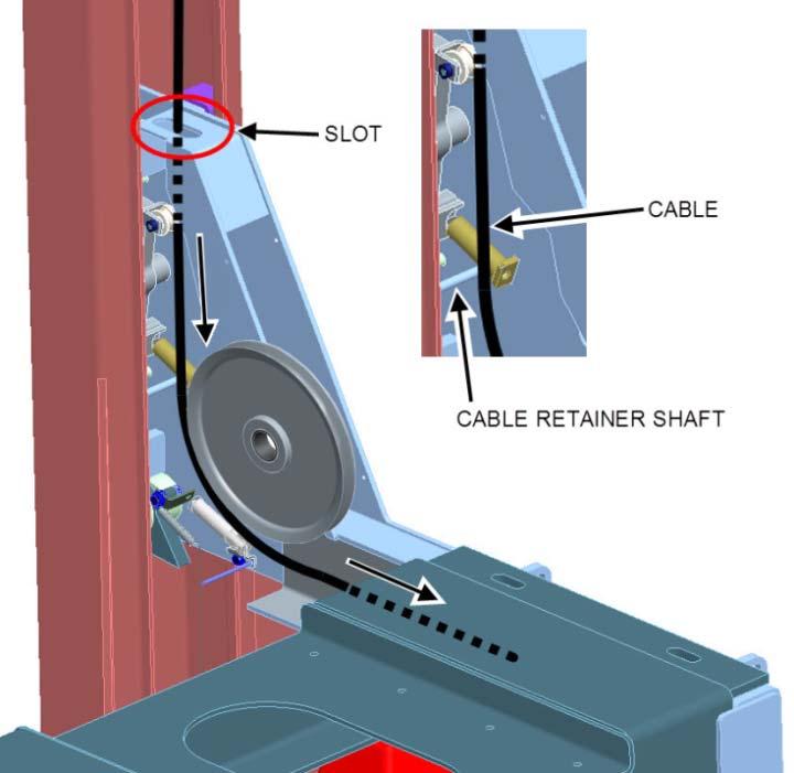 Figure 31 Continue routing the cable, non-threaded sleeve first, through the slot in the top stiffener plate, through the front left