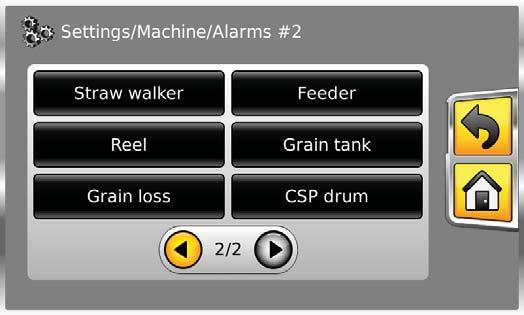 Alarms page #1 contains alarms for: Chopper Thresher Fan Grain