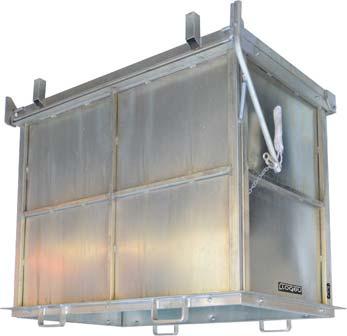 Pull-rope release mechanism for bottom discharge Safe Working Load: 1000kg Sheet metal sides with sheet metal base Fork Pocket Size: 160x65mm Fork Pocket Centres: 784mm Volume approx 1500L Bin