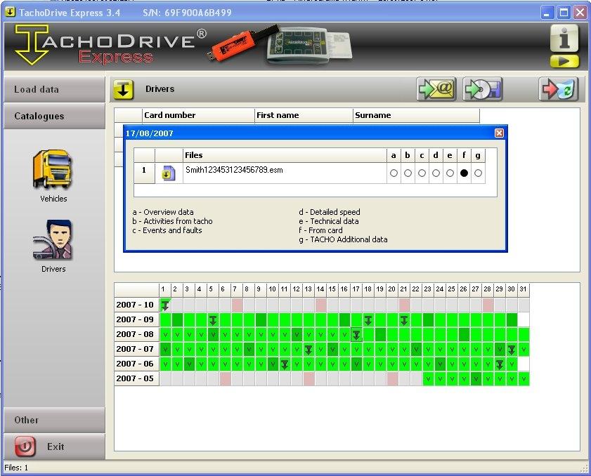 2.5.2 Drivers files Information regarding files downloaded from driver cards are presented in a similar way to the ones presented in the Vehicles section.