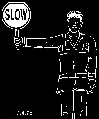11 or use the Slow paddle. Try to make eye contact so the road user knows your directions are for them.