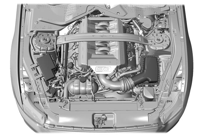 Maintenance UNDER HOOD OVERVIEW - 5.0L E174560 A. B. C. D. E. F. G. H. Battery. See Changing the 12V Battery (page 159). Engine oil filler cap. See Engine Oil Check (page 156). Engine oil dipstick.