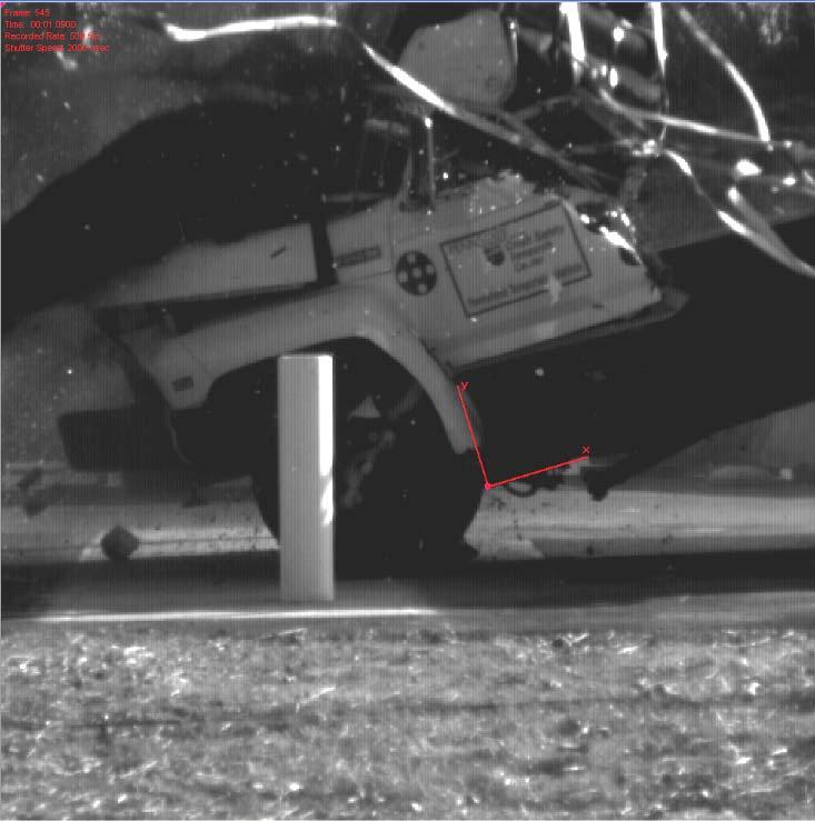 The vehicle pitched at 0.496 s to a 16.4 degree angle, as shown in Figure 9. Figure 9. Truck maximum pitch angle. The vehicle came to a complete stop adjacent to the impact side of the test barrier.