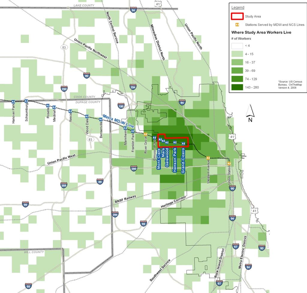 Where Study Area Workers Live 14,200 people work within half a mile of the five stations 647 (5%) live within ½ mile