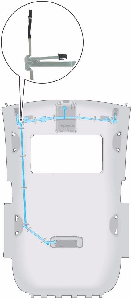 Convenience and safety electronics Headliner wiring with printed circuit wires By the use of printed circuit wires, an increase in headroom has been achieved.