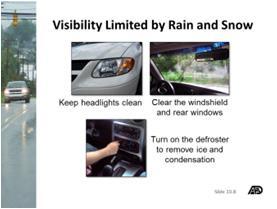 your eyes from glare headlights at night can temporarily affect your vision Visibility Limited by Rain and Snow These conditions deal with atmospheric conditions beyond control of the vehicle
