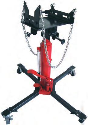 HYDRAULICS 75 1/2 Ton Capacity Telescoping Transmission Jack 500H Ideal for under hoist use Fully adjustable universal saddle with corner brackets and safety chain for alignment of bolt patterns Foot