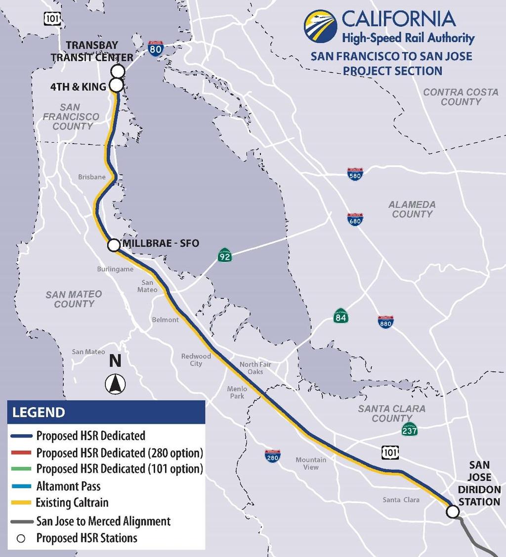 SAN FRANCISCO TO SAN JOSE: Narrowed Alternatives Altamont Corridor Alternative (2008) Impacts to wetlands, waterbodies and the environment Strong support from local cities, agencies and organizations