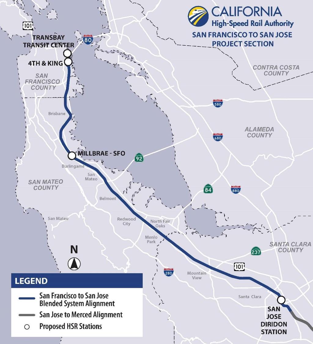 SAN FRANCISCO TO SAN JOSE: Overview 51-Mile Blended Corridor Smallest footprint of previously considered alternatives» Fewer impacts to landowners» Fewer environmental impacts Currently evaluating
