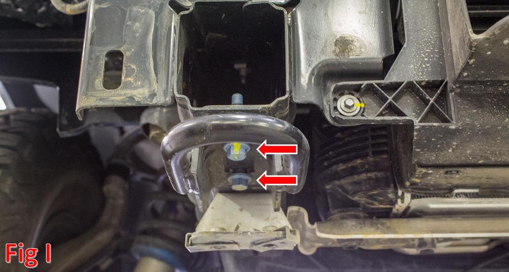 9. Remove the tow hooks by removing the two 15mm bolts that hold each of them on. (Fig I) 10.