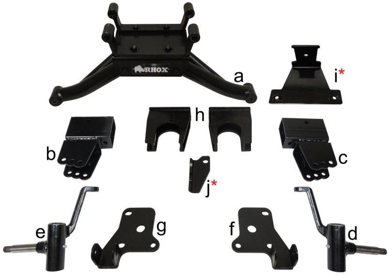 LIFT-507 BMF Lift Kit E-Z-Go RXV Gas or Electric Installation Instructions Contents of LIFT-507 E-Z-Go RXV BMF Lift Kit: a (1 ea.) BMF A-Arm Assembly b (1 ea.) Driver Side Shock Tower c (1 ea.