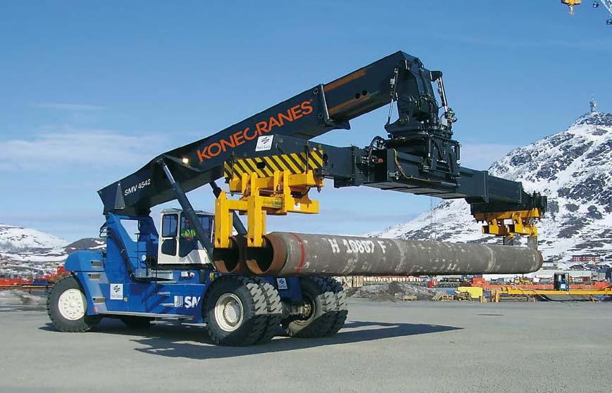 Using a tool carrier our Reach Stackers can conveniently be adapted for the goods you want to lift steel, pipe, concrete, or machinery.