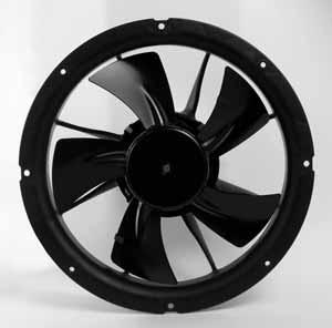 Energy-saving axial fans Material: Wall ring: Plastic PPTV Blade: Sheet steel, coated in black Rotor: Coated in black Number of blades: irection of air flow: "V", exhaust over struts irection of