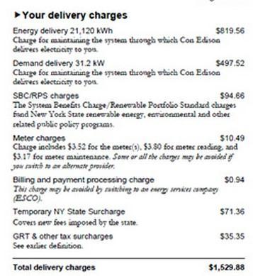 Utility bill explained: Con Edison delivery Energy delivery kwh Demand delivery kw SBC/RPS charges Funds programs