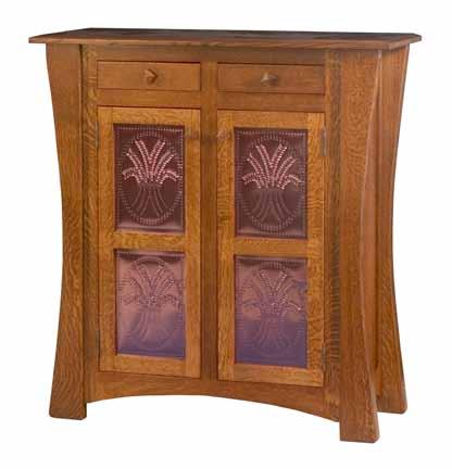 2013 FEATURES 1 solid tops with bevel edge Square wood knobs Flush drawer & door fronts Stained glass is soldered #101 Arched legs Arts & Crafts with Copper Panels 2 door,