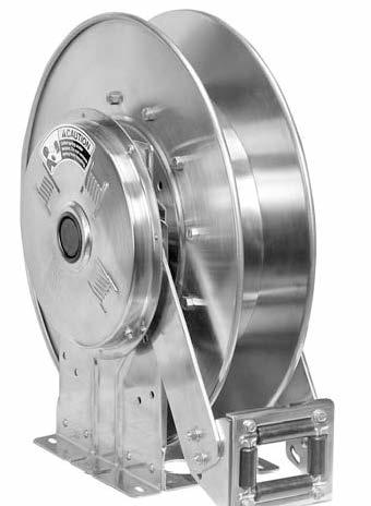 4 Spring Rewind Reels For Dairy, Caustic Materials, Air/Water, Chemical/Food Transfer Standard HRP1130 series has a narrow frame and compact mounting base. Non sparking ratchet assembly.