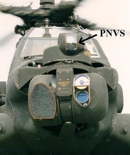 The PNVS is mounted in a rotating turret on top of the Apache's nose. The IHADSS allows the pilot to command the turret to follow his helmet movement (i.e. look where he is looking), while displaying the PNVS imagery to his eye.
