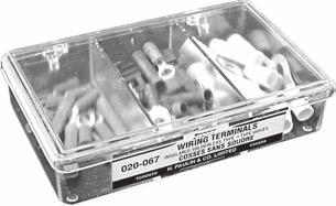 WIRING TERMINALS COSSE SANS SOUDRE GARAGE ASSORTMENT No. 020-067 Contains 45 Ring, Spade, Multi-Fit and Butt Terminals. 15 sizes packed in a rigid, transparent plastic box. MASTER ASSORTMENT No.