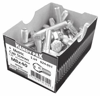 022-068 Contains 273 Handy-Paks, 91 sizes of ISO Coarse, Fine and Extra Fine Cap Screws, Nuts and Washers plus rack, measuring gauge and sign.