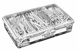 165 C s Hundreds 165 M s Thousands COTTER PINS GOUPILLES BRIGHT ELECTRO-PLATED WITH CHROMATE FINISH `Papco Steel Cotter Pins are made in the extended prong style for easy insertion and locking.