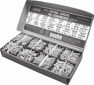 TAPPING SCREW ASSORTMENTS ASSORTIMENTS VIS TARAUDEUSES GARAGE ASSORTMENT No. 020-024 HEXAGON HEAD Contains 100 Hexagon Head Tapping Screws in various lengths and diameters from 8 x 1/2 to 5/16 x 1.