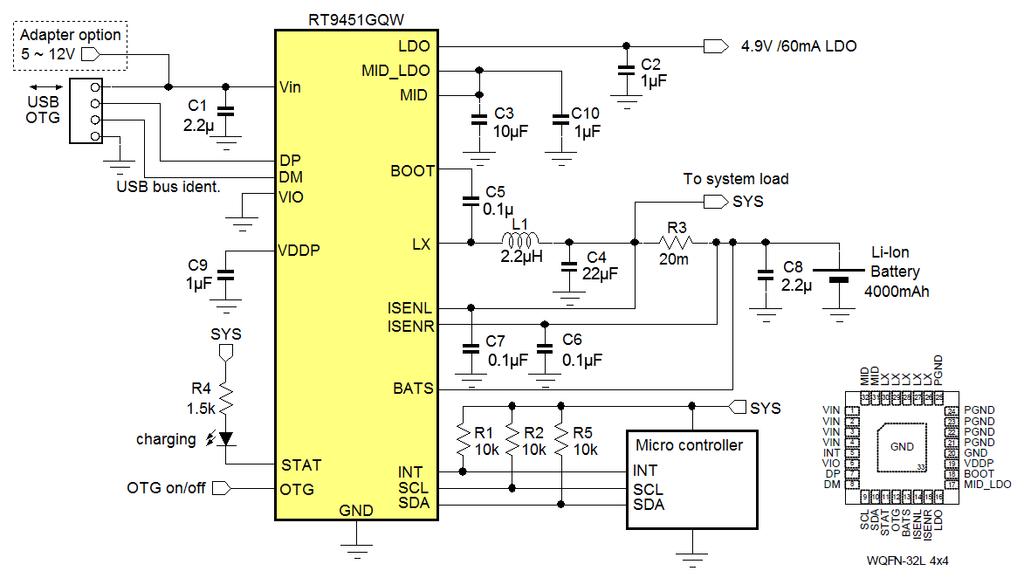 Figure 10. Typical RT9451 application for charging high capacity battery cells. 4. Battery Gauge In many battery applications it is important to know how much charge is left in the battery.