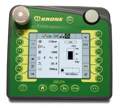 the existing tractor terminal to control it Delta terminal The Delta terminal is an easy-use display unit that offers convenient control and monitoring of the KRONE machine attached.