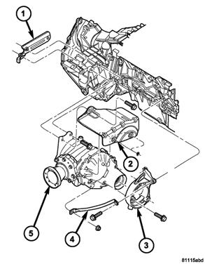 Figure 21 - PTU MOUNTING 1 - NUT PLATE 2 - HEAT SHIELD 3 - REAR MOUNT BRACKET 4 - BRACE 5 - POWER TRANSFER UNIT (PTU) 22. **Install brace and rear mount bracket (Fig. 21). ** 23.