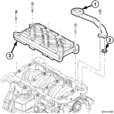 7. Remove the engine oil pan. Refer to the detailed service information available in TechCONNECT under: Service Info > 9-Engine > Lubrication > Oil Pan > Removal. 8. Remove oil pickup tube (Fig. 1).