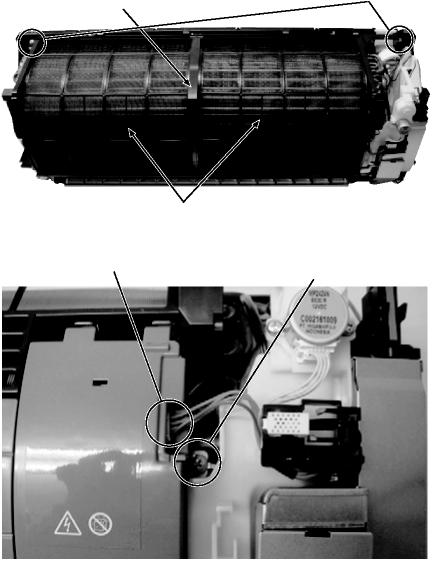 12-1-2. Fixing Frame Assembly 1) Detach the two air filters. 2) Disconnect the plasma ion charger connector and the earth lead (black). (The earth lead is connected to the heat exchanger with a screw.