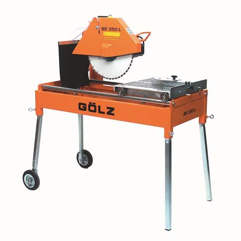 TABLE SAWS GÖLZ BS350L Cutting head adjustable Removable blade guard for changing diamond blades quickly Angle stop Cart with ball-bearing steel rollers ensure precise cutting Removable legs Electric
