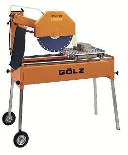 TABLE SAWS and BLOCK SAWS GÖLZ ST450 ST450S Cutting head adjustable Removable blade guard for changing diamond blades quickly Angle stop Cart with ball-bearing steel rollers ensure precise cutting