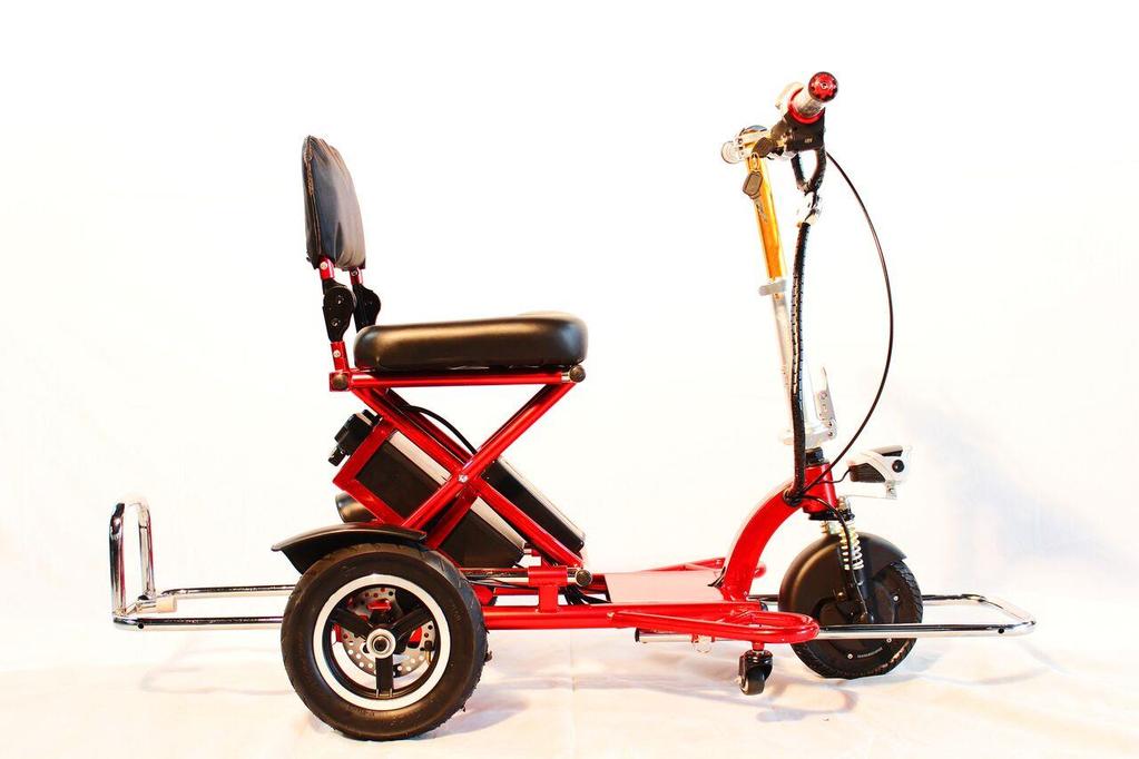 1. Triaxe Sport Feature Guide The Triaxe Sport is composed of the following parts: handlebar controls, handbrake control, back tires, front wheel, anti-tip wheels, bumper, tiller, tiller release