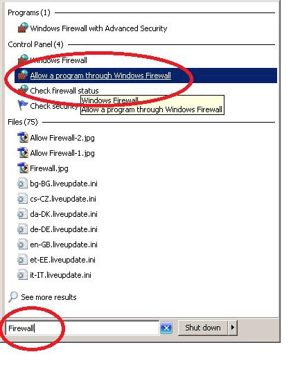 Step 3. After typing the word firewall in the search programs and files field you will be show the screen image below.