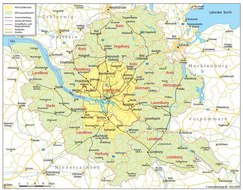 HVV Service Area inner Hamburg Metropolitain Region Population entire Metropolitain Region HVV Service area City of Hamburg 5.3 million inhabitants 3.