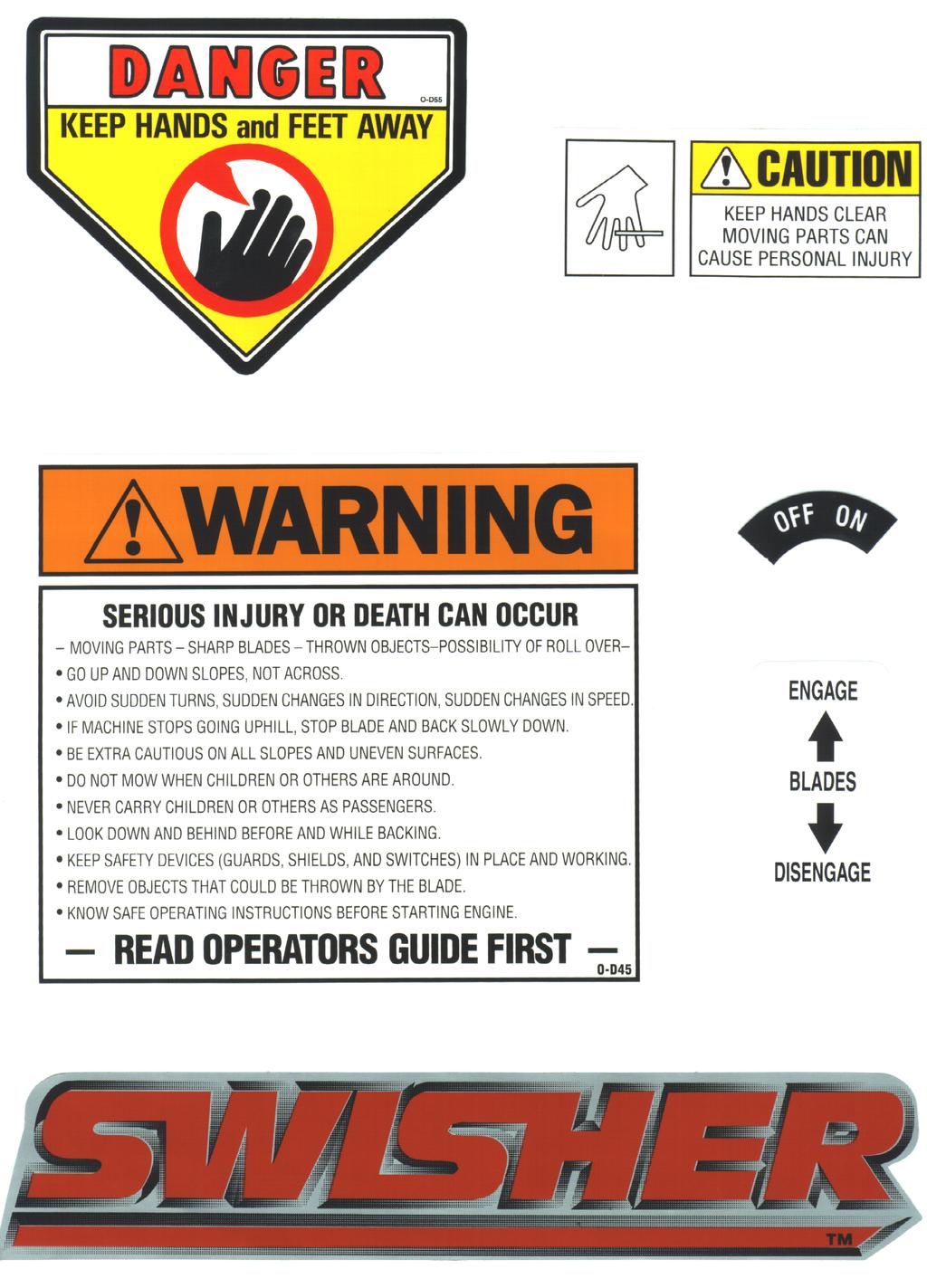 SAFETY AND OPERATIONAL DECALS Replace decal immediately if damaged. Order by part number from Swisher Mower and Machine Co.
