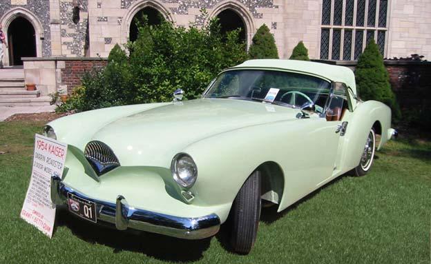 The 1954 Kaiser Darrin was noted for its pastel colors and distinctive sliding doors that disappeared into the front fenders. Henry J.
