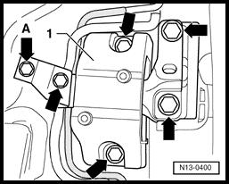 Engine, disassembly and assembly (Page 13-14) - Remove engine mount - 1 - as follows: - Unscrew bolts - arrows - - Loosen