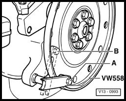 Sealing flange and flywheel/drive plate, removing and installing (Page 13-30) Drive plate, loosening and tightening - Attach VW 558 counter - hold tool to the drive plate with an M8x45 hex bolt.