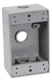 Weatherproof Outlet Boxes Features and Benefits: Durable die cast aluminum construction for long product life Powder paint finish for corrosive enviroments Plugs supplied as standard with 1 /2" and 3