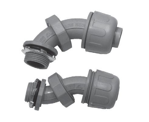 Liquidtight Conduit Fittings Non-Metallic Liquidtight Fittings MULTI-ANGLE CONNECTORS Features: Swivel design can change from a 0 degree to a 90 degree angle No disassembly required Eliminate